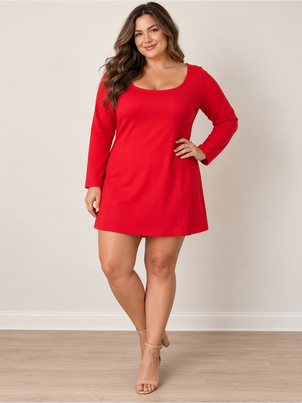 SPANX Red Scoop Neck Long Sleeve Mini Dress